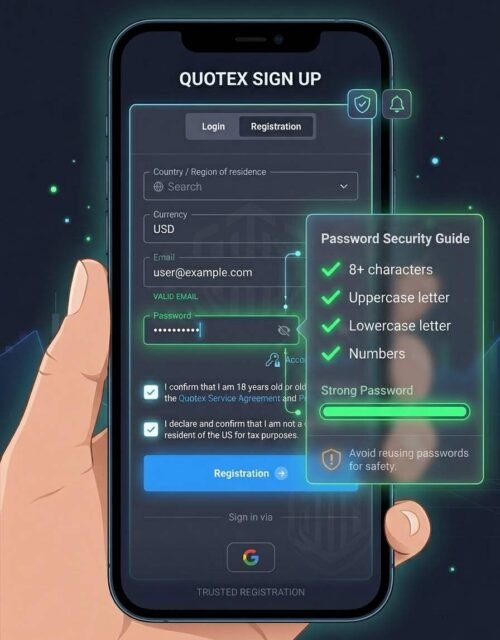 Create a strong, unique password with at least 8 characters, including uppercase and lowercase letters and numbers, and avoid reusing passwords from other platforms for your Quotex account.
