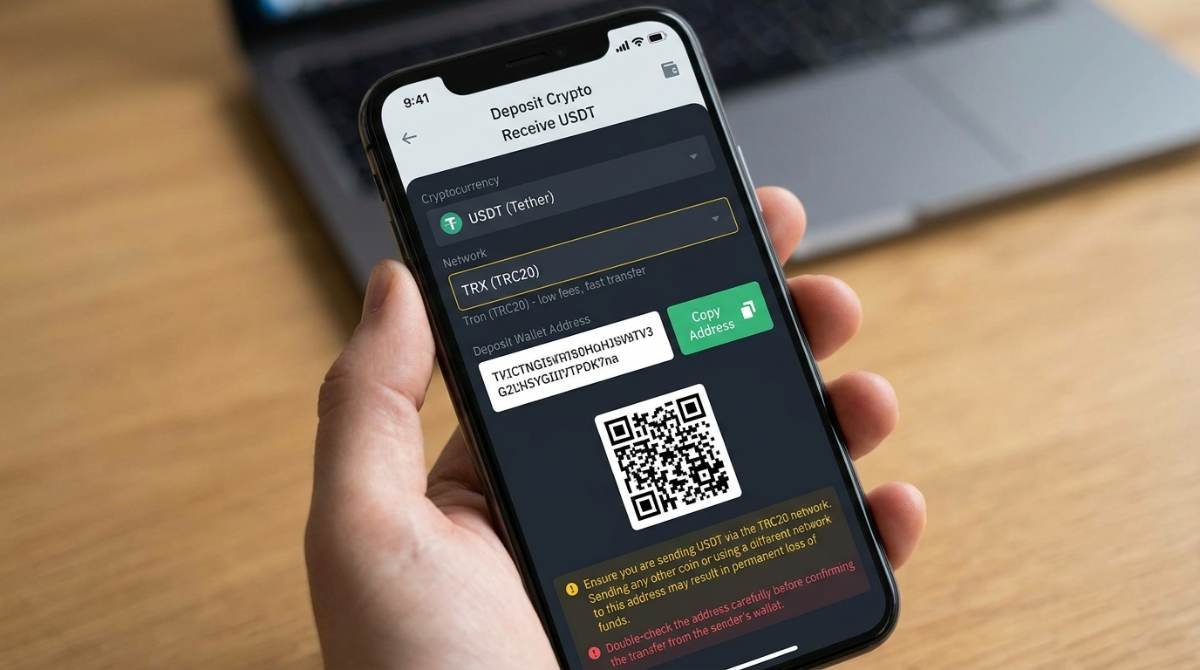 Open Binance, WazirX, or CoinDCX, go to Receive, select USDT (TRC-20), and copy your wallet address carefully. Crypto transfers are irreversible.