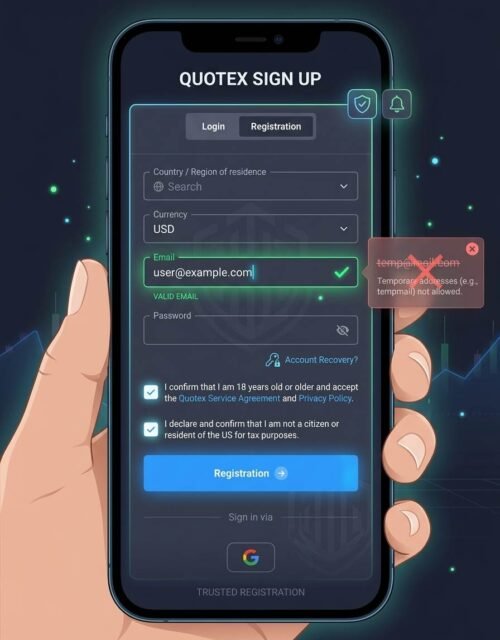 Enter a valid, permanent email address that you actively use for your Quotex account, avoiding temporary emails to ensure account security, recovery access, and withdrawal notifications.