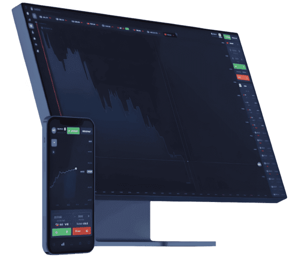 A modern trading interface showing a declining market chart on a desktop monitor alongside a smartphone displaying the Quotex trading app with buy and sell options.